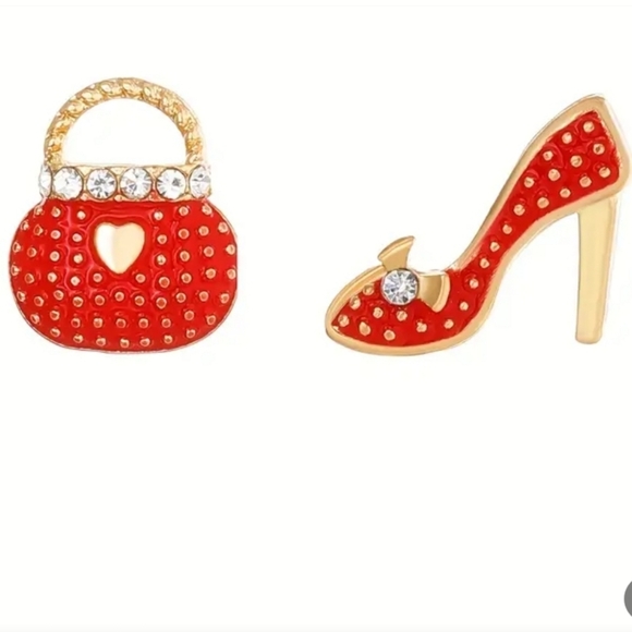 Purse And Heels Red 14K Plated Shiny Alloy Rhinestone Earrings. - Picture 2 of 6
